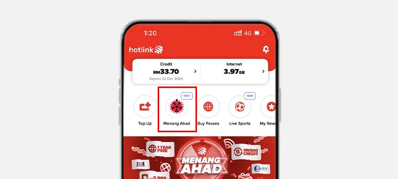 Step 2: Open the Hotlink App and tap on "Menang Ahad"