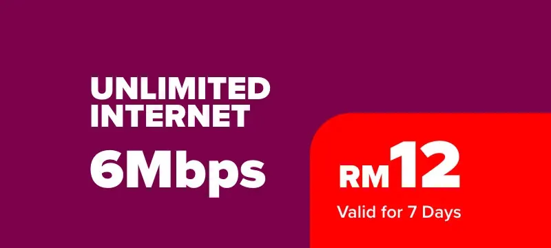 100GB (Unlimited Internet) | 6Mbps | RM12/week